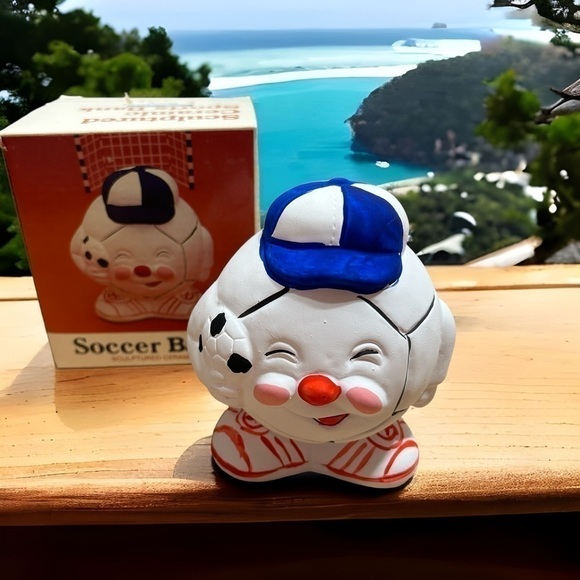 Vintage Soccer Ball Bank Ceramic Astra 1987 Sock it To Em Novelty Blue White - Picture 1 of 7